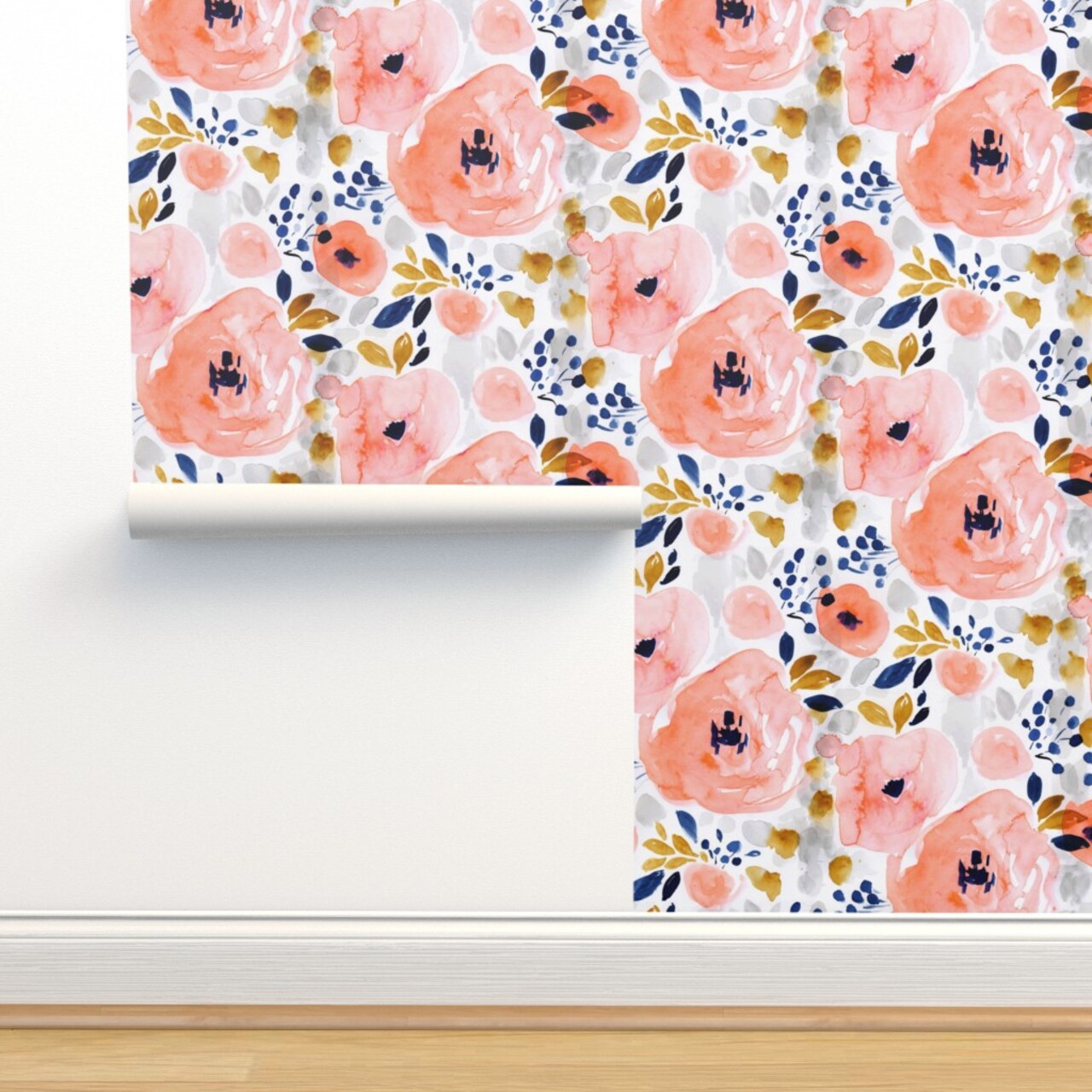 Peachy Pink Floral Roses Romantic Navy Mustard Gold Watercolor Blush Coral Custom Removable Wallpaper by Spoonflower Peel & Stick Wallpaper 2FT Wide